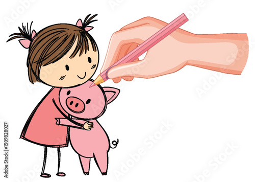 Child and Piglet Friendship Illustration