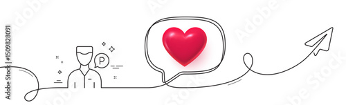 Valet servant line icon. Continuous line with share plane. Parking person sign. Transport park service symbol. 3d heart in speech bubble. Valet servant single line ribbon. Loop curve pattern. Vector
