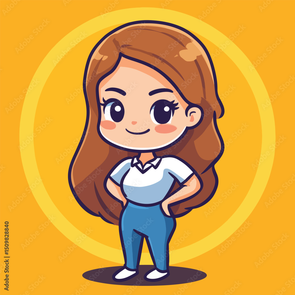 Confident Cartoon Girl with Long Brown Hair and Blue Jeans Confident Cartoon Girl with Long Brown Hair and Blue Jeans