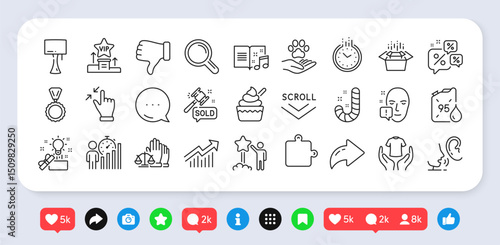 Research, Creative idea and Puzzle line icons pack. Social media: share, comment, like icons. Hold t-shirt, Pets care, Auction hammer web icon. Vector