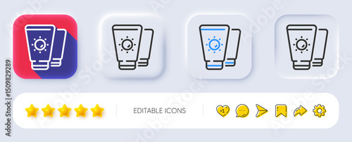 Sunscreen line icon. Neumorphic, Flat shadow, 3d buttons. Sun cream sign. Sunblock lotion symbol. Line sunscreen icon. Social media icons. Vector