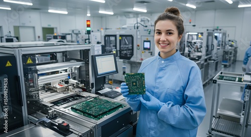 Smiling Female Engineer Holding a Circuit Board in a High-Tech Manufacturing Facility