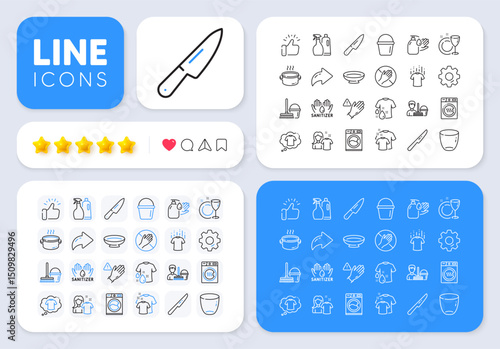 Dry t-shirt, Dish plate and Dish line icons for web app. Message, Share, Like social media icons. Pack of Bucket with mop, Use gloves, Dont touch pictogram icons. Vector