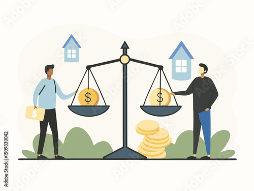 Businessmen Balancing Money and Assets on Scale – Concept of Financial Equality, Wealth Distribution, and Investment Decisions. Man saves money to buy private house,  vector and illustration.
