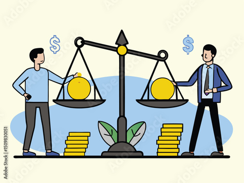 Businessmen Balancing Money and Assets on Scale – Concept of Financial Equality, Wealth Distribution, and Investment Decisions. Man saves money to buy private house,  vector and illustration.