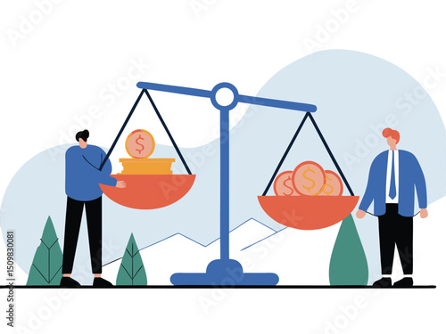 Businessmen Balancing Money and Assets on Scale – Concept of Financial Equality, Wealth Distribution, and Investment Decisions. Man saves money to buy private house,  vector and illustration.
