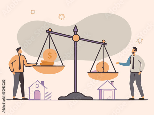 Businessmen Balancing Money and Assets on Scale – Concept of Financial Equality, Wealth Distribution, and Investment Decisions. Man saves money to buy private house,  vector and illustration.