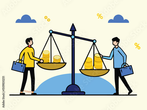 Businessmen Balancing Money and Assets on Scale – Concept of Financial Equality, Wealth Distribution, and Investment Decisions. Man saves money to buy private house,  vector and illustration.