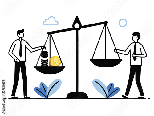 Businessmen Balancing Money and Assets on Scale – Concept of Financial Equality, Wealth Distribution, and Investment Decisions. Man saves money to buy private house,  vector and illustration.