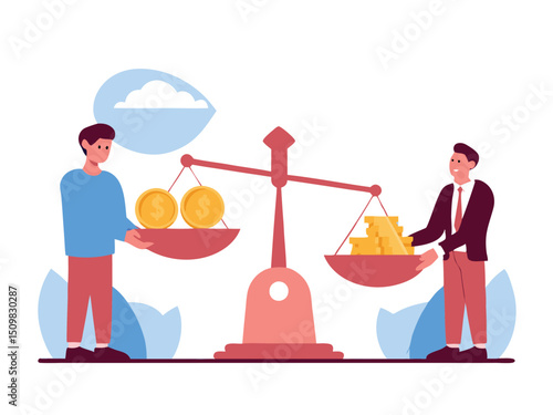 Businessmen Balancing Money and Assets on Scale – Concept of Financial Equality, Wealth Distribution, and Investment Decisions. Man saves money to buy private house,  vector and illustration.