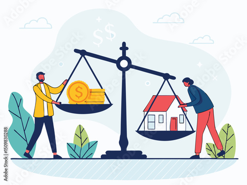 Businessmen Balancing Money and Assets on Scale – Concept of Financial Equality, Wealth Distribution, and Investment Decisions. Man saves money to buy private house,  vector and illustration.