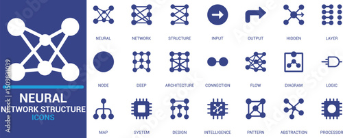 Neural network structure icons set in solid flat design. Includes deep learning, AI architecture, layer, node, input-output, processor, and connection visuals.