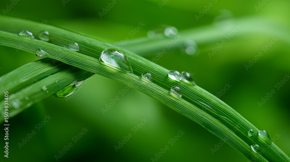 Naklejka premium Dewy grass blades with water droplets, a fresh morning's delicate beauty.
