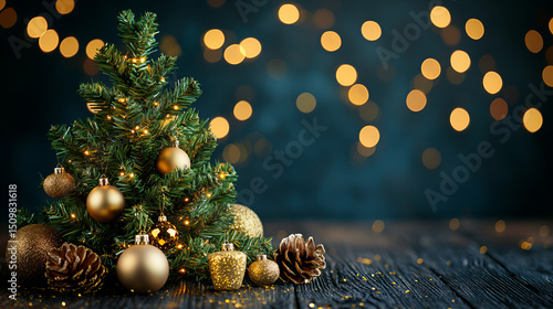 Beautifully Decorated Christmas Tree with Golden Ornaments, Twinkling Fairy Lights, and Wrapped Gift Boxes on a Festive Blurred Background

