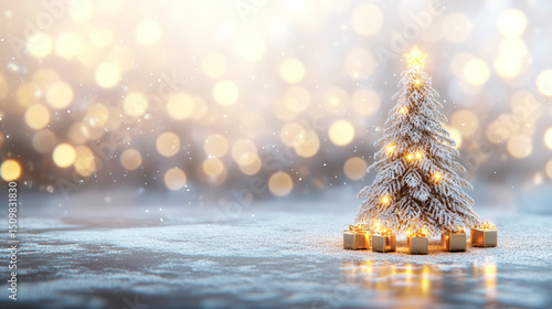 Beautiful Decorated Christmas Tree with Golden Ornaments, Twinkling Fairy Lights, and Wrapped Gift Boxes on a Festive Blurred Background

