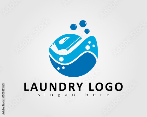 Laundry logo designed with a picture of an iron and soapy water along with clean water