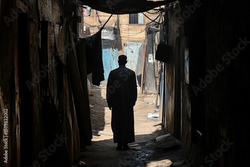 Silhouette of a man hiding in the shadows of an alley