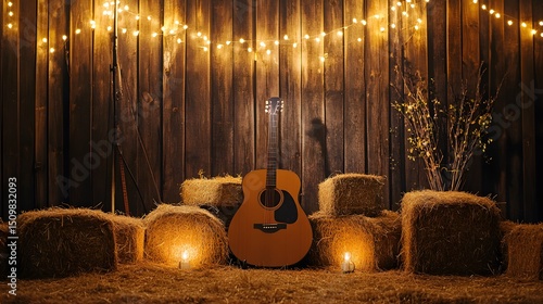 A country music stage with hay bales, guitars, and soft amber lighting