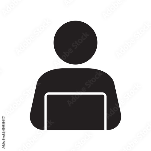 Silhouette of a person sitting with a laptop in front of them against a plain background