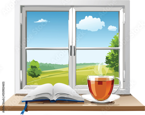 Cup of tea on a window sill with a book