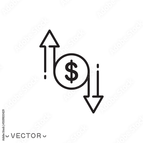 cost reduce or increase icon, salary, risk analysis, benefit dollar concept, thin line symbol isolated on white background, editable stroke eps 10 vector illustration