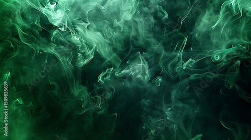 Abstract green smoke swirls and flows on a dark background creating a textured effect