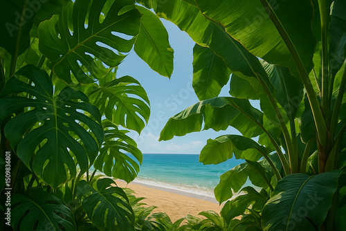モンステラとバナナリーフに囲まれた南国ビーチの風景