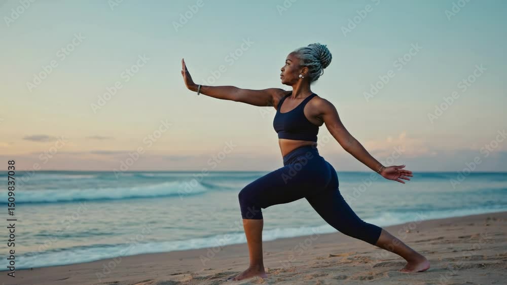 A mature black woman practices yoga on a sandy beach during sunrise. She is in a warrior pose, wearing sportswear. The ocean waves gently lap at the shore. Active lifestyle