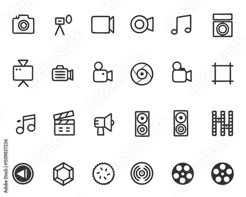 Film production video camera music sound recording studio audio equipment vector icon set for creative projects