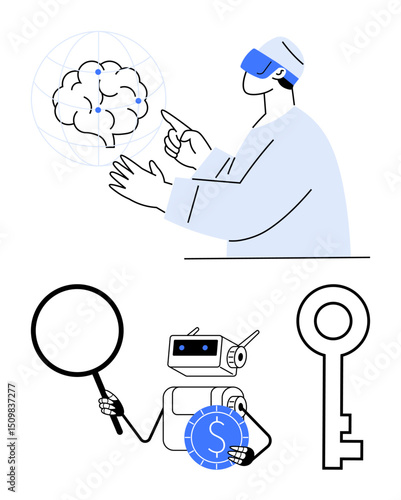 Scientist in VR headset interacts with brain projection, robot with coin and magnifier investigates money, large key symbolizes access and security. Ideal for AI, VR, robotics, finance, innovation