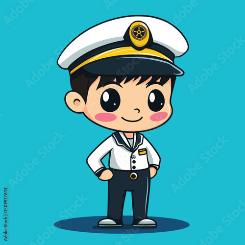 Cute Cartoon Sailor Boy in Uniform with a Captains Hat