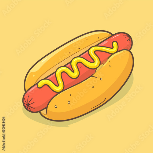 A stylized cartoon hotdog with mustard sits centered against a solid yellow background