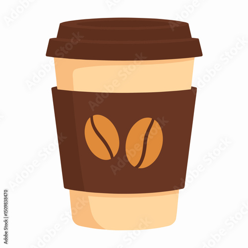 Coffee cup with brown lid light brown cup and dark brown sleeve decorated with coffee beans