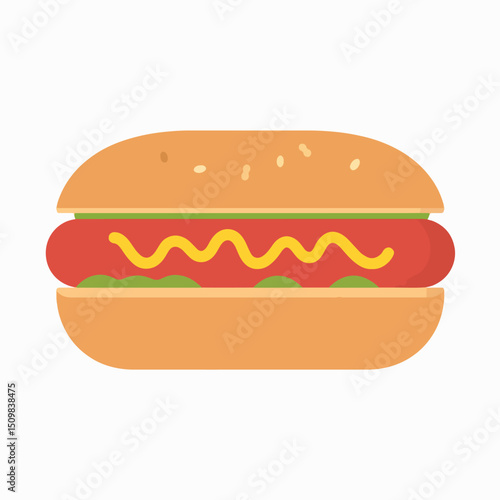 An illustrated hot dog with mustard and relish in a bun speckled with sesame seeds