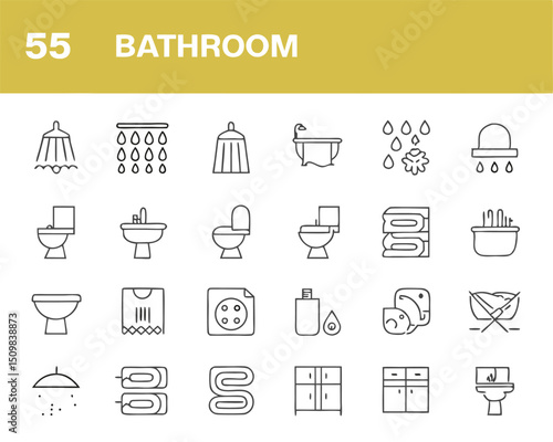 Bathroom icons set vector illustration shower toilet sink bathtub towel cabinet hygiene outline design