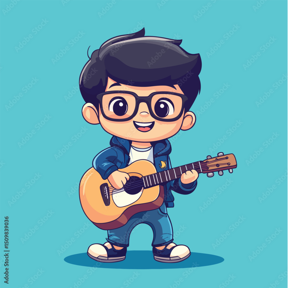 Obraz premium Joyful Boy with Glasses Playing Acoustic Guitar