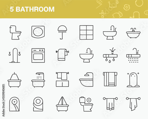 Bathroom fixtures and accessories icons set vector illustration for interior design and renovation