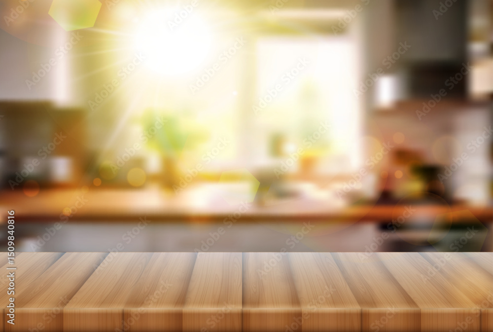 3d realistic vector illustration. Wooden table with blurred kitchen background. Banner for product display or presentation. 3d realistic vector illustration. Wooden table with blurred kitchen background. Banner for product display or presentation.