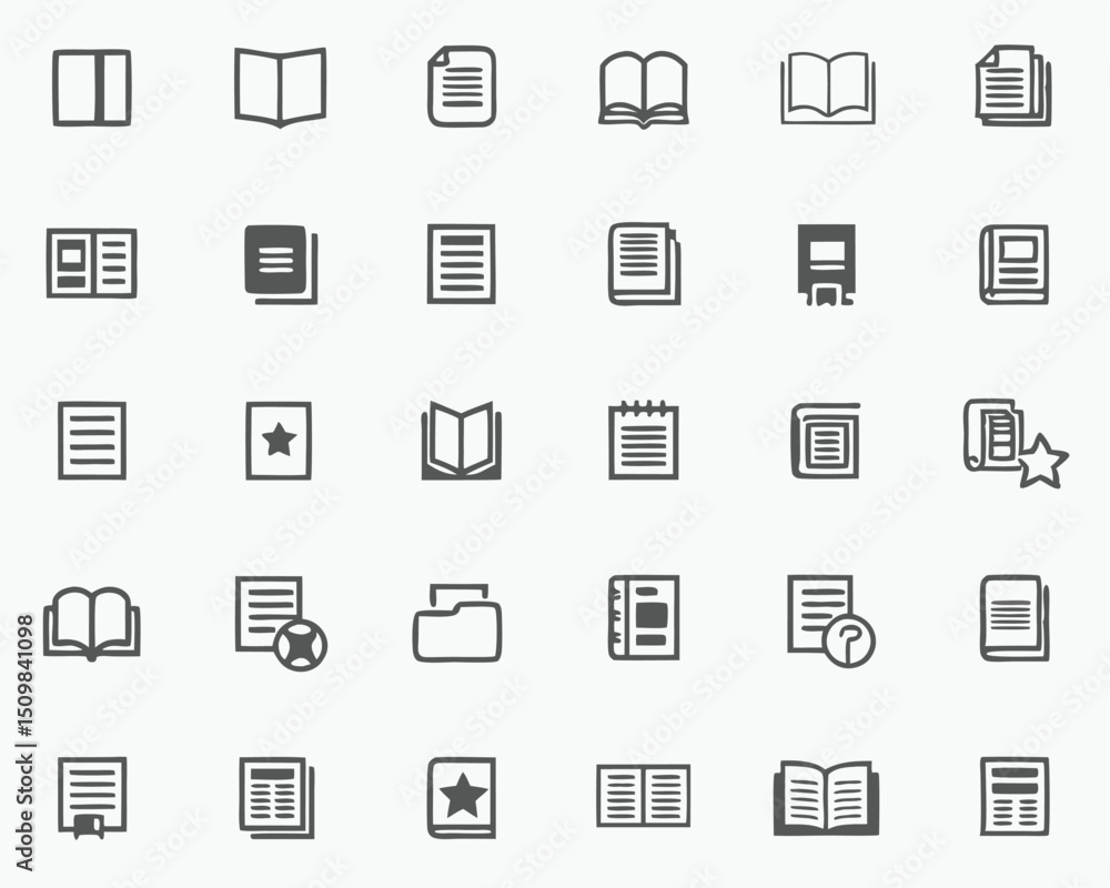 Collection of book and document icons for library, education, and office use in simple line art style Collection of book and document icons for library, education, and office use in simple line art style