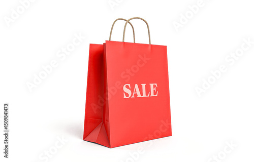 Red paper shopping bag with SALE text front view isolated on white background for retail discount marketing advertising concept