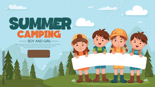 Illustration Of Group Of Kids Enjoying Summer Camping Adventures Outdoor Activities, Fun Adventures, And A Cheerful Group Bonding Experience In A Summer Setting.