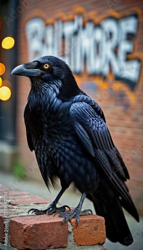 A striking black raven stands on a brick wall, showcasing its iridescent feathers. The urban backdrop features a colorful mural representing Baltimore, creating a vibrant scene in the late afternoon