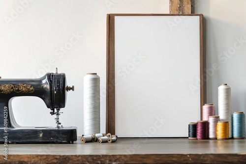 A sewing machine sits on a table next to a white frame