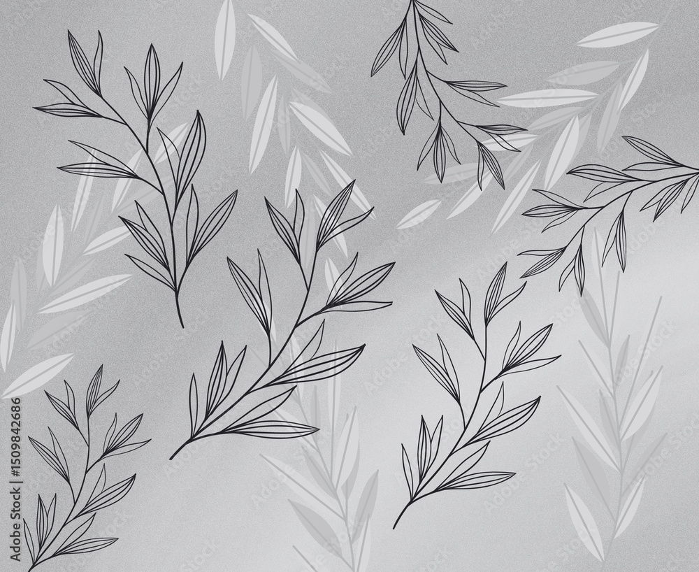 Fototapeta premium Hand-drawn line art flowers with leaves in shades of grey