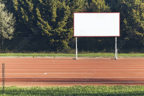 A white sign is on a field with a fence in the background