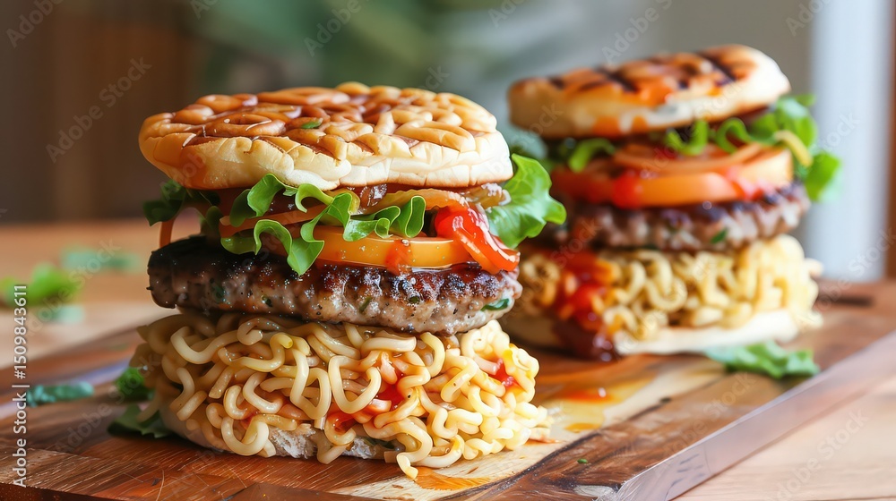 Two ramen burgers stacked on a wooden board with lettuce, tomato and sauce visible on the burgers Two ramen burgers stacked on a wooden board with lettuce, tomato and sauce visible on the burgers