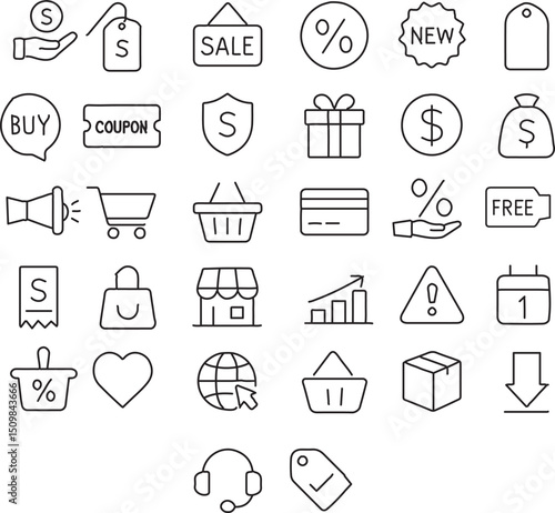 This set includes 40 minimal stroke icons based on sales, discounts, and e-commerce. Designed for clarity and use in apps, web stores, and promotional materials.