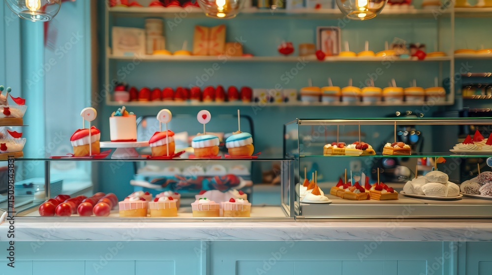 A bakery display case filled with cupcakes cakes tarts and other assorted baked goods on light blue shelves A bakery display case filled with cupcakes cakes tarts and other assorted baked goods on light blue shelves