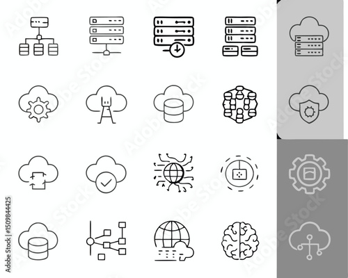 Cloud computing data center server network technology it infrastructure icons vector illustration set design