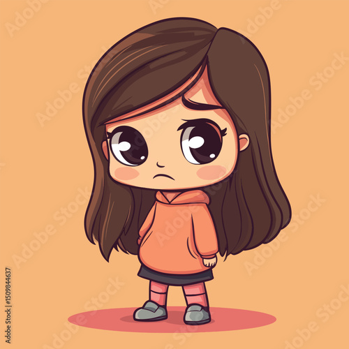Sad Anime Girl in Orange Hoodie Large Eyes Brown Hair